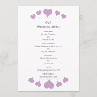Lilac Hearts Design Hochzeit Menükarte