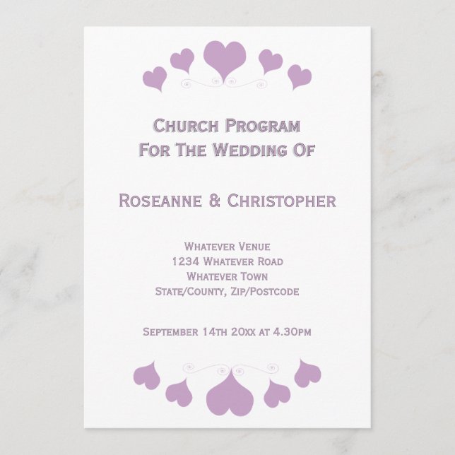 Lilac Hearts Design Wedding Programm (Vorderseite)