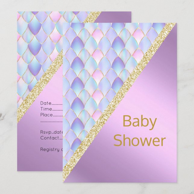LILAC HÜBSCH Mermaid BABY SHOWER INVITATION Gold Einladung (Vorne/Hinten)