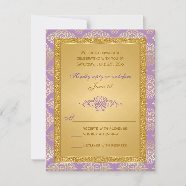 Lilac, IMITATS Gold Glitzer, Damask Scroll RSVP Ka Karte (Vorderseite)