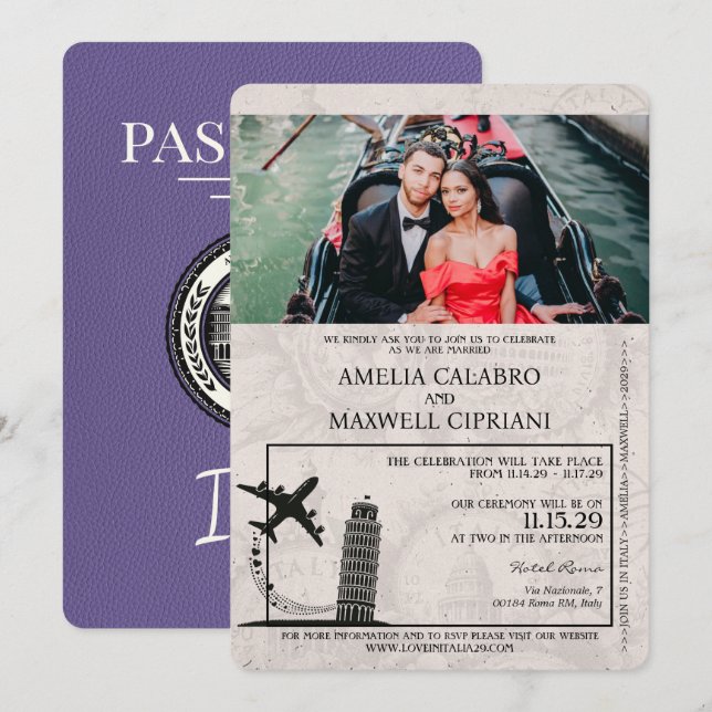 Lilac Italy Passport Wedding Einladung (Vorne/Hinten)