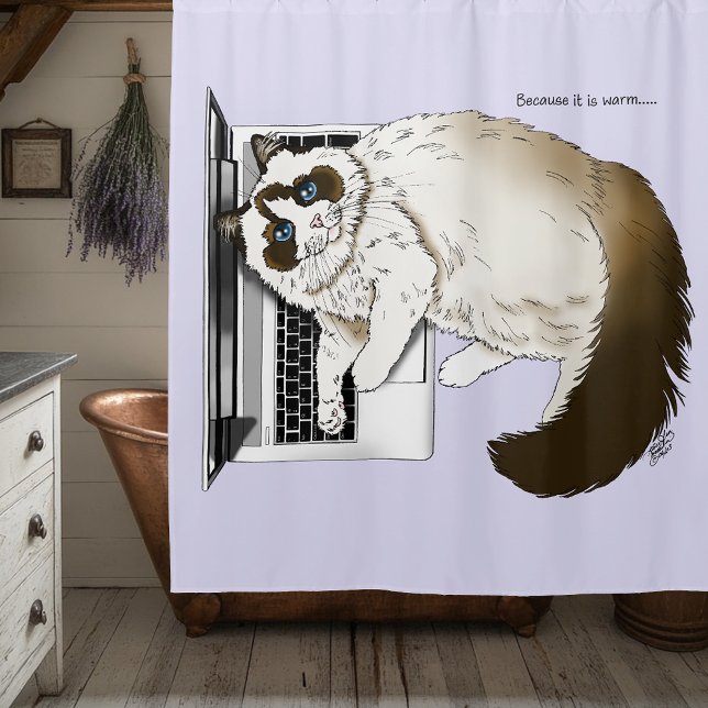 Lilac Laptop Cat Funny Niedlich Duschvorhang (Von Creator hochgeladen)