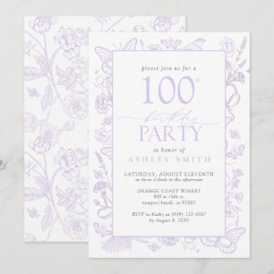 Lilac Lavender 100. Geburtstagsparty Floral Elegan Einladung