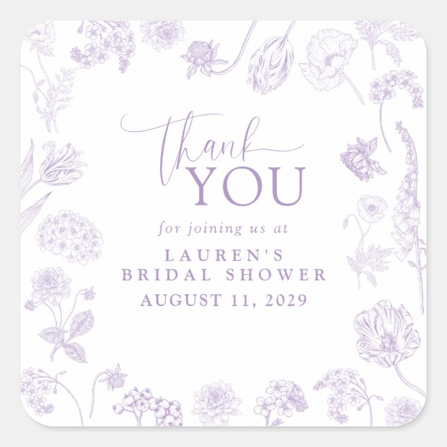 Lilac Lavender Floral Brautparty Vielen Dank Quadratischer Aufkleber (Vorderseite)