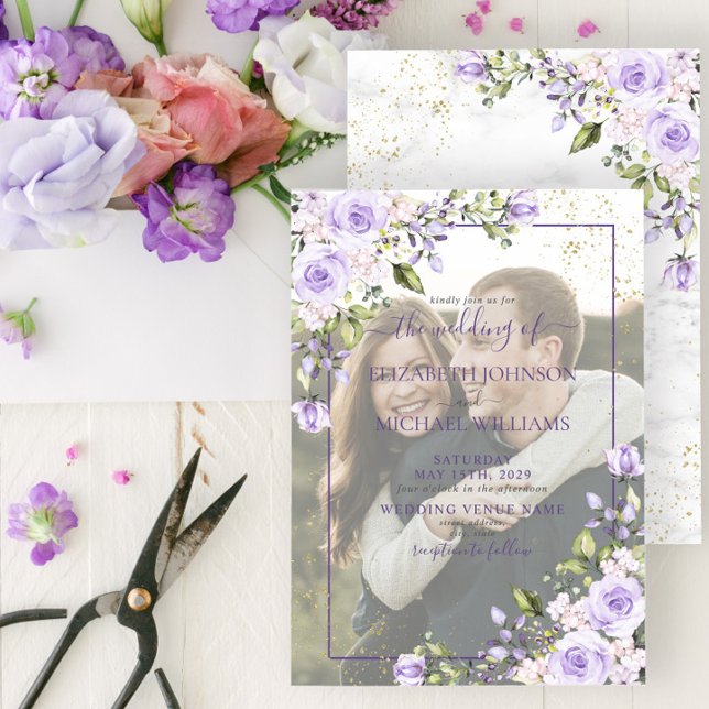 Lilac Lavender Floral Vellum Overlay Foto Wedding Einladung (Von Creator hochgeladen)