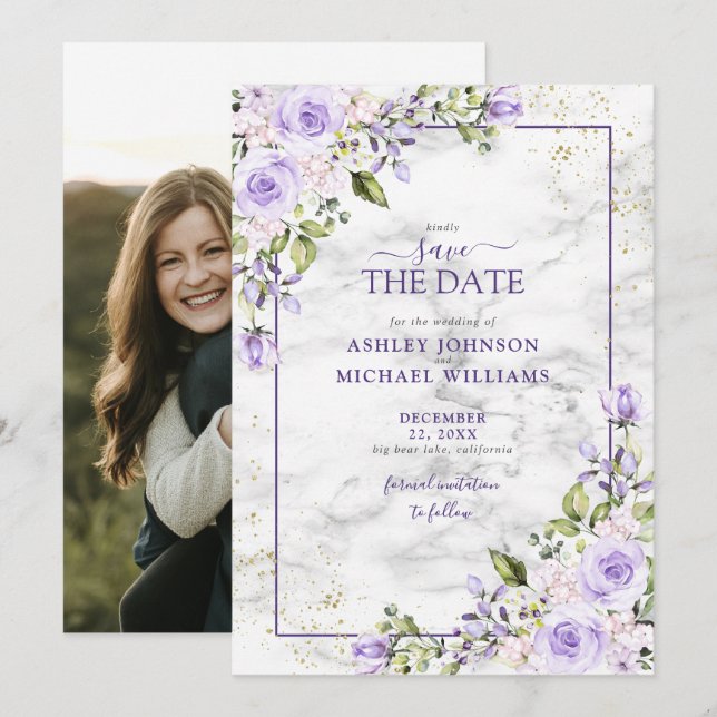 Lilac Lavender Gold Geometric Foto Save the Date (Vorne/Hinten)