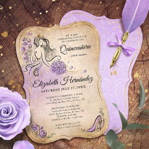 Lilac Lavender Gold Princess Quinceanera Birthday Einladung