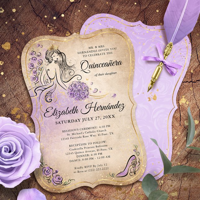 Lilac Lavender Gold Princess Quinceanera Birthday Einladung (Lilac lavender and gold princess quinceanera invitations that will make your birthday party sparkle!)