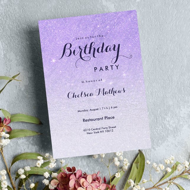 Lilac lavender Imitats Glitzer ombre Birthday Part Einladung (Chic modern navy blue gold luxury Wedding Menu)