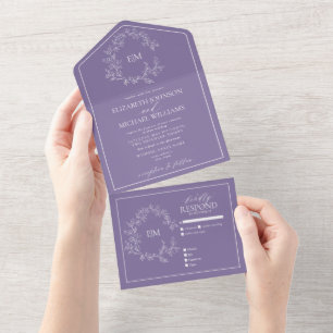 Lilac Lavender Leafy Wappen Monogram Wedding All In One Einladung