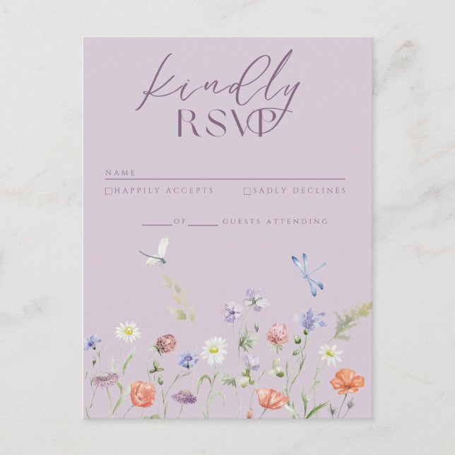 Lilac Lavender Whimsy Wildblume RSVP Card Einladungspostkarte (Vorderseite)