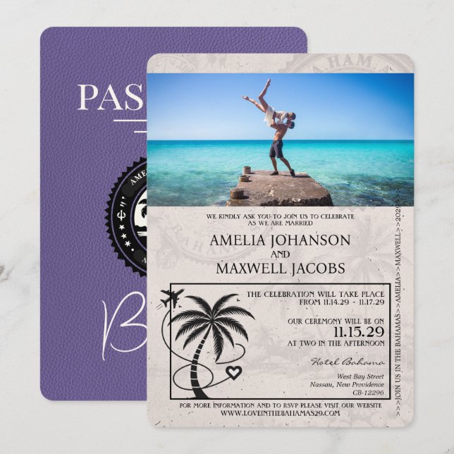 Lilac Lila Bahamas Passport Wedding Einladung (Vorne/Hinten)