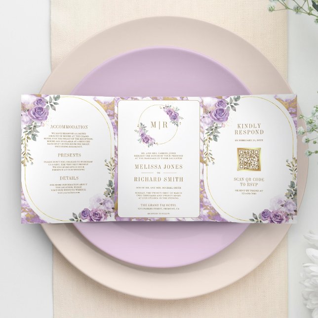 Lilac Lila Blütengoldmarmor auf einer Hochzeit Dreifach Gefaltete Einladung (Von Creator hochgeladen)
