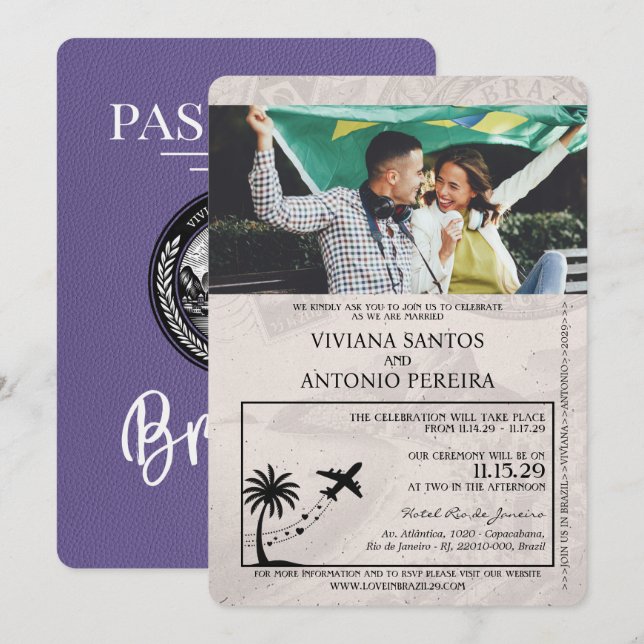 Lilac Lila Brazil Passport Wedding Einladung (Vorne/Hinten)