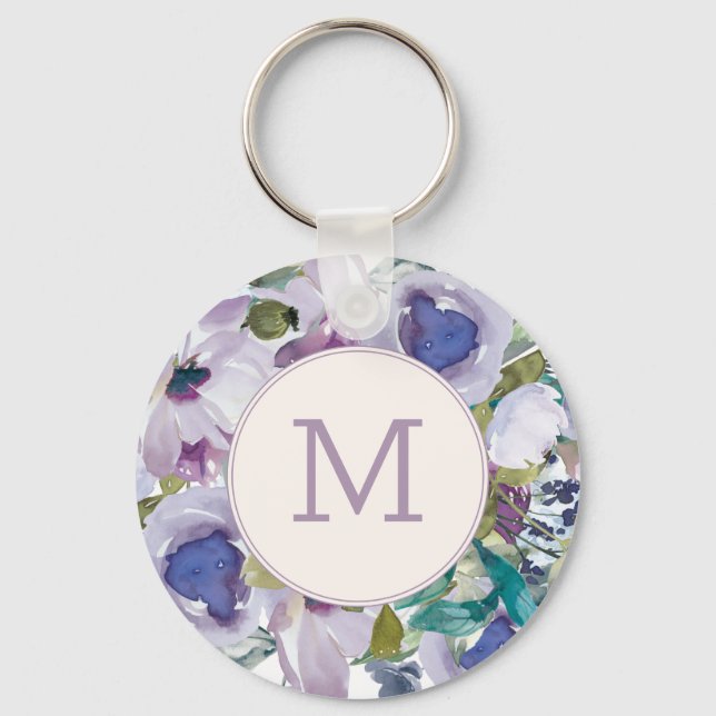 Lilac Lila Dusty Blue Watercolor Floral Mongram Schlüsselanhänger (Vorderseite)