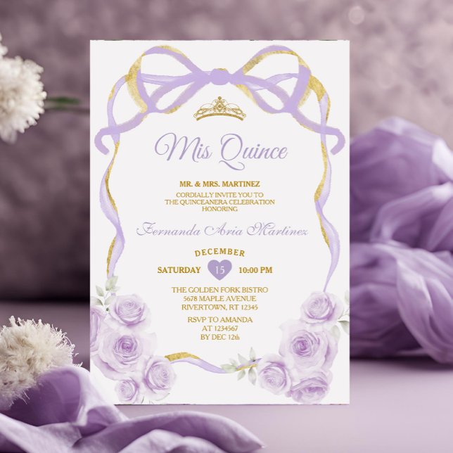 Lilac Lila Floral Bow Gold Ribbon Mis Quince Einladung (Von Creator hochgeladen)