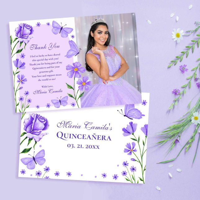 Lilac Lila Floral Butterfliegen Foto Quinceañera Dankeskarte (Lilac Purple Floral Butterflies Photo Quinceañera Thank You Card)
