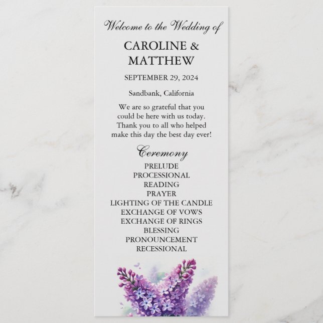 Lilac Lila Floral Elegante Moderne Hochzeit Programm (Vorderseite)