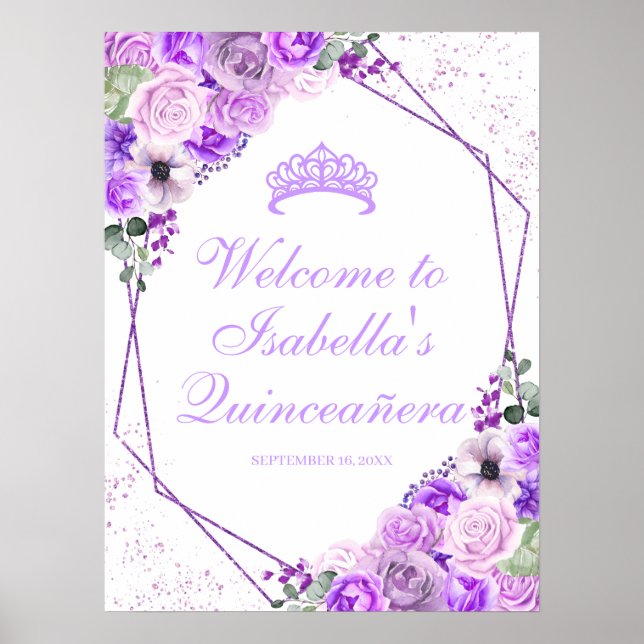 Lilac Lila Floral Quinceanera Begrüßungszeichen Poster (Vorne)