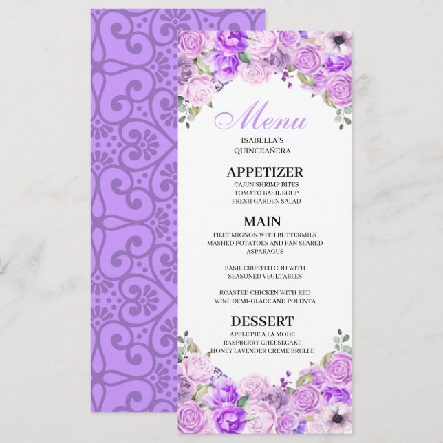 Lilac Lila Floral Quinceanera Menü Einladung (Vorne/Hinten)