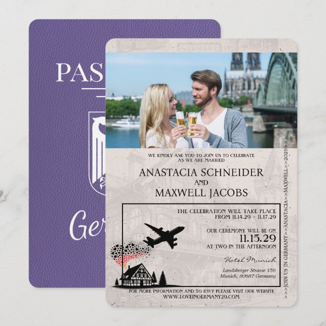 Lilac Lila Germany Passport Wedding Einladung (Vorne/Hinten)