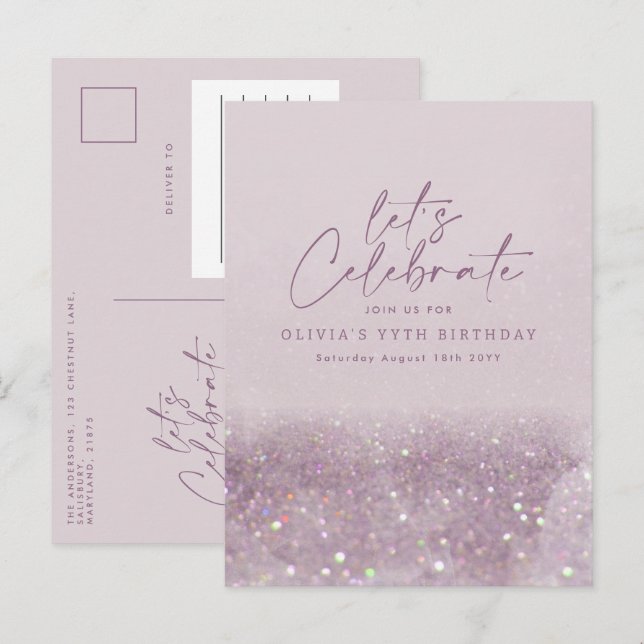 Lilac lila Glitzer Einladungspostkarte (Vorne/Hinten)