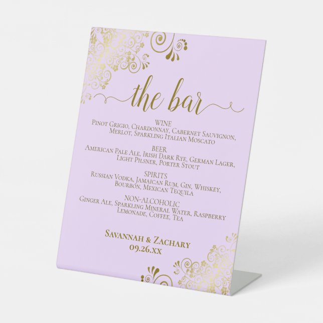 Lilac Lila & Gold Drinks oder Bar Menu Wedding Sockelschild (Vorderseite)