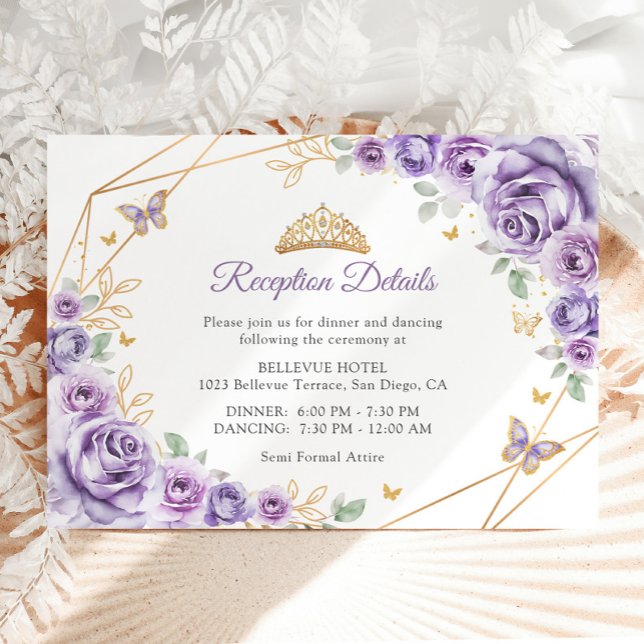 Lilac Lila Gold Floral Quinceanera Details Begleitkarte (Von Creator hochgeladen)