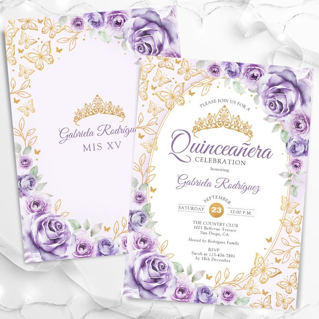 Lilac Lila Gold Floral Quinceanera Einladung (Von Creator hochgeladen)