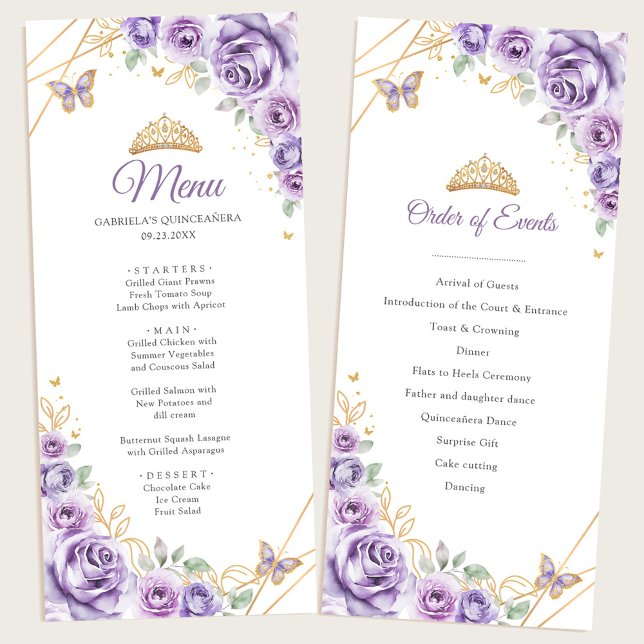 Lilac Lila Gold Floral Quinceanera Programmmenü Menükarte (Von Creator hochgeladen)
