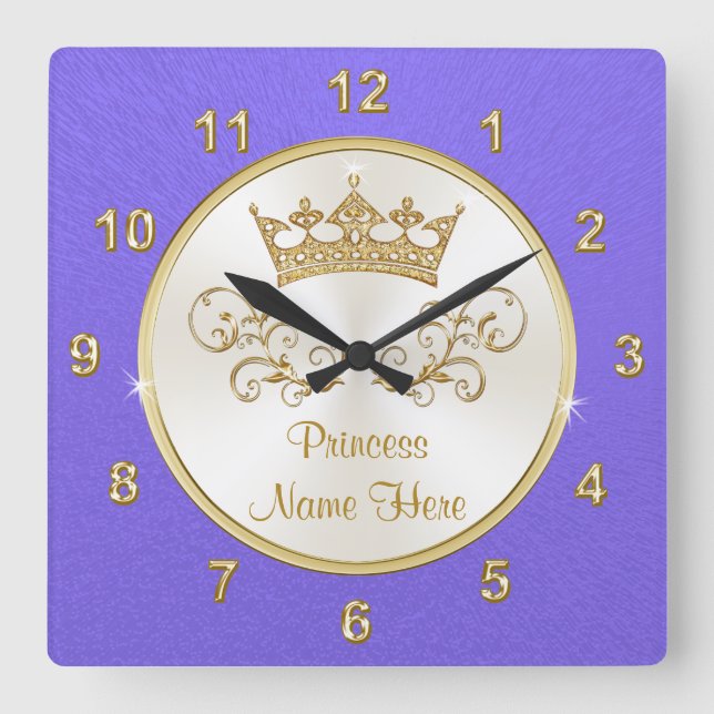 Lilac Lila Gold Personalisiert Princess Zimmerdeko Quadratische Wanduhr (Vorderseite)