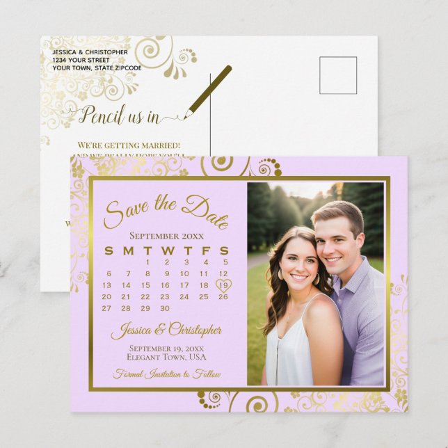 Lilac Lila Gold Wedding Rett Date Calendar Foto Ankündigungspostkarte (Vorne/Hinten)