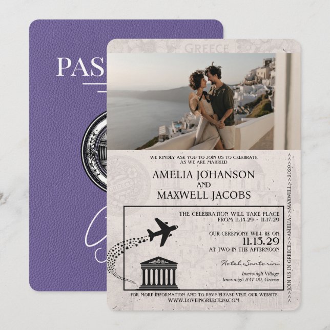 Lilac Lila Greece Passport Wedding Einladung (Vorne/Hinten)