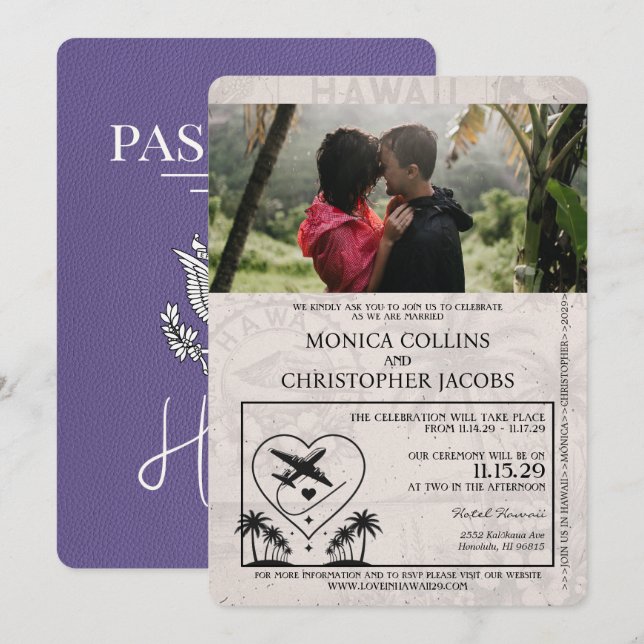 Lilac Lila Hawaii Passport Wedding Einladung (Vorne/Hinten)