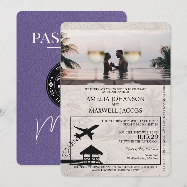 Lilac Lila Maldives Passport Wedding Einladung (Vorne/Hinten)