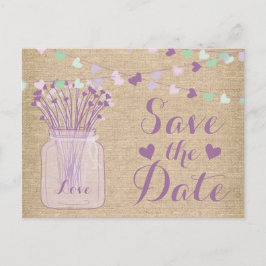 Lilac Lila Mason Jar Burlap Lace Save the Date Ankündigungspostkarte
