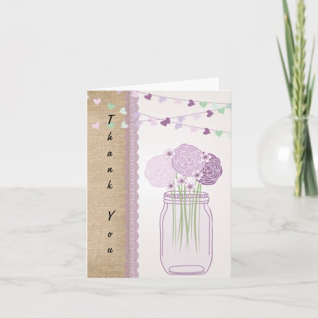 Lilac Lila Mason Jar Burlap Lace Vielen Dank Dankeskarte (Vorderseite)