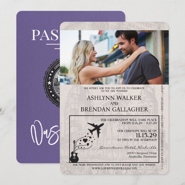 Lilac Lila Nashville Passport Wedding Einladung (Vorne/Hinten)