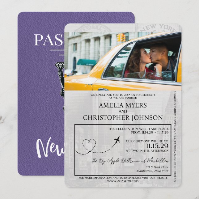 Lilac Lila New York City Passport Wedding Einladung (Vorne/Hinten)