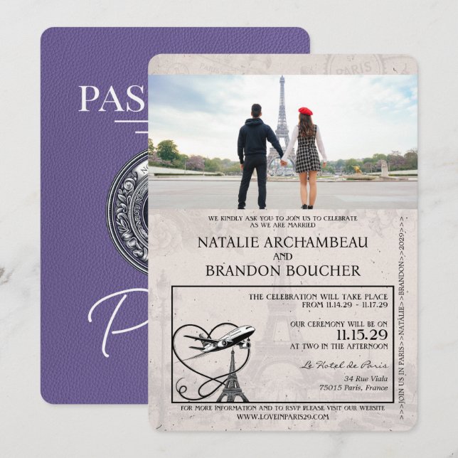 Lilac Lila Paris Passport Wedding Einladung (Vorne/Hinten)