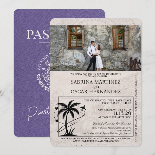 Lilac Lila Puerta Vallarta Passport Wedding Einladung (Vorne/Hinten)