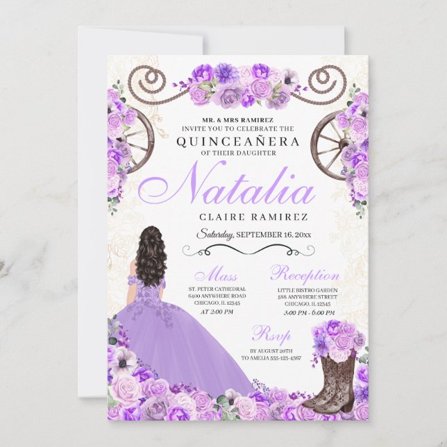 Lilac Lila Ranchero Princess Dress Quinceanera Einladung (Vorderseite)