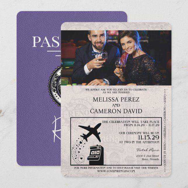 Lilac Lila Reno Passport Hochzeit Einladung (Vorne/Hinten)