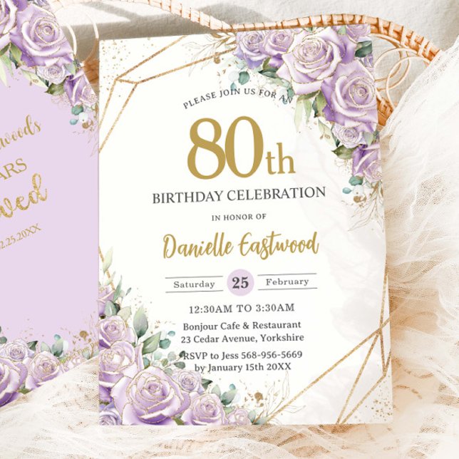 Lilac Lila Rose Bloral 80. Geburtstag Einladung (elegant-purple-lilac-lavender-roses-floral-flowers-50th-60th-70th-80th-90th-birthday-party-invite)