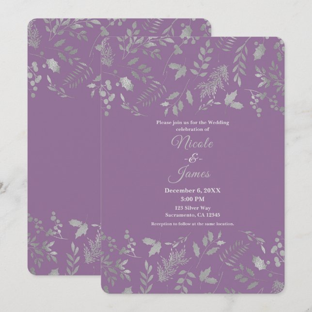 Lilac Lila Silver Blätter Botanische Hochzeit Einladung (Vorne/Hinten)
