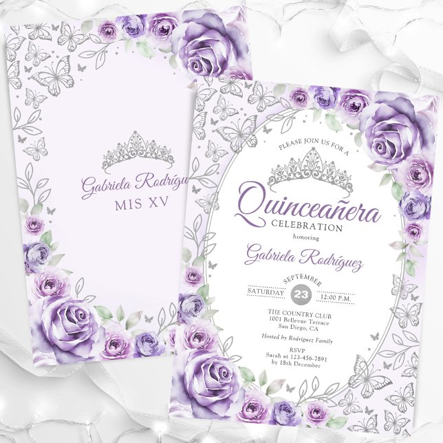 Lilac Lila Silver Floral Quinceanera Einladung (Von Creator hochgeladen)