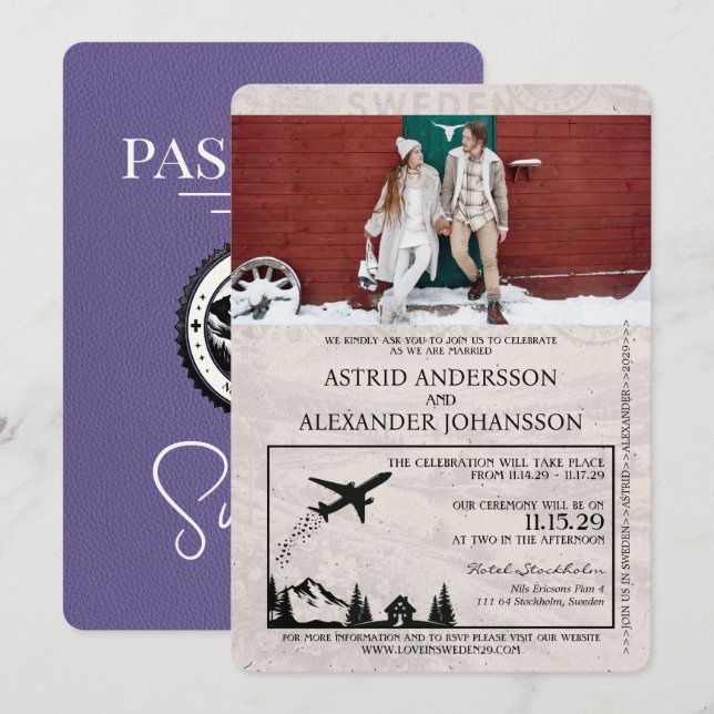 Lilac Lila Sweden Passport Wedding Einladung (Vorne/Hinten)