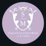 Lilac Lila Wappen Monogram Wedding Stickers<br><div class="desc">Ein moderner und dennoch eleganter lila lila monogramm Hochzeitsaufkleber. Verwenden Sie die Vorlagenfelder,  um die Initialen,  Namen und Datum von Braut und Bräutigam anzupassen. Passen Sie die Farbe an,  um Ihr Hochzeitsthema Anzug. Ideal für Gastgeschenke Hochzeiten und Umschlag Aufkleber. So minimalistischere Aufkleber wie diesen finden Sie unter www.zazzle.com/dotellabelle</div>