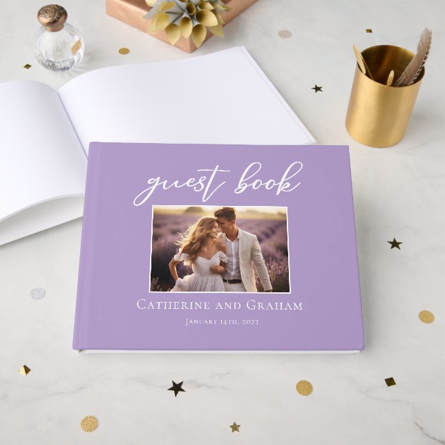 Lilac Lila Wedding Couple Foto Gästebuch (Vorderseite Offen)