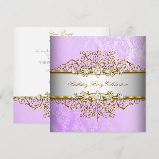 Lilac Lila White Gold Elegantes Party Einladung (Vorne/Hinten)